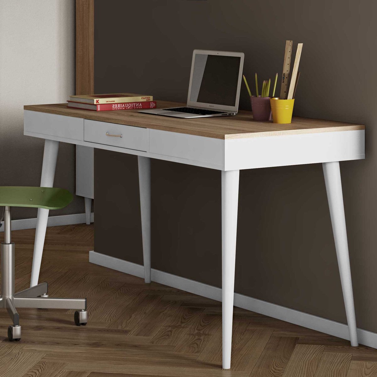 Bureau Horizon 134cm - Eik/wit - Temahome - Bureautafels - Wit; Bruin - Hout; Spaanplaat