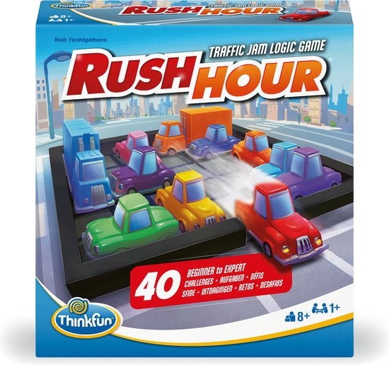 Doos van het spel Rush Hour met een verkeersopstopping en gekleurde auto's op een spelbord.