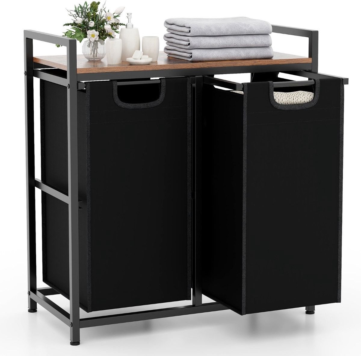 Goedkoopste SureDeal® - Wasmand - 2 Vakken - Deksel - 90 Liter - 73x33x72 cm - Was Organizer - Badkamer - Badkamerkast - Kast