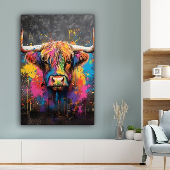 Peinture sur toile 80x120 cm - Décoration murale Graffiti - Highlander écossais - Vache - Coloré - Décoration murale murale salon - Décoration chambre - Accessoires de chambre - Peintures