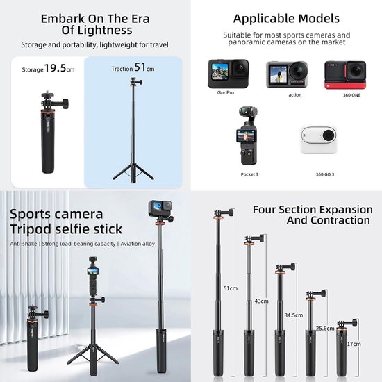 Wolfang Selfie Stick Actie Camera Statief compatibel met Action Camera Gopro/DJI/Surfola/Apexcam/Akaso