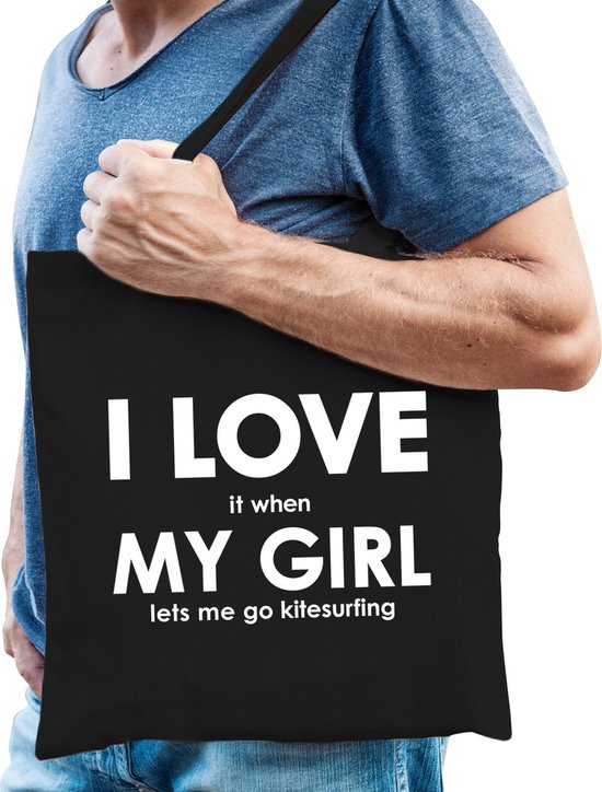 I love it when my girl lets me go kitesurfing katoenen tas - kitesurfen hobby tasje/ boodschappentas heren - Cadeau kitesurfer