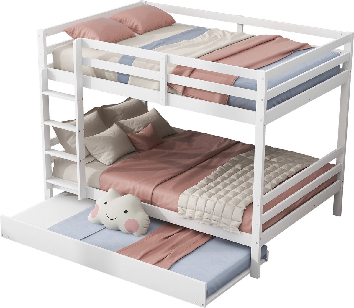 Merax 140x200 cm Stapelbed met Extra Uittrekbaar Bed 90x190 cm - Kinderbed voor 3 Personen met Hoge Reling en Stabiele Trap - Wit