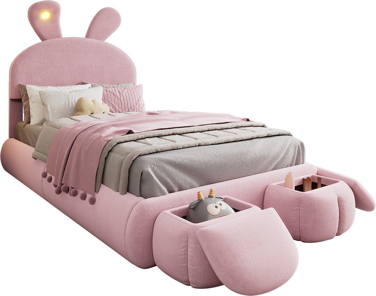 Merax Kinderbed 90x200 in Konijnen Vorm met Opberghockers en Verlichting – Eenpersoonsbed in Roze Fluweel