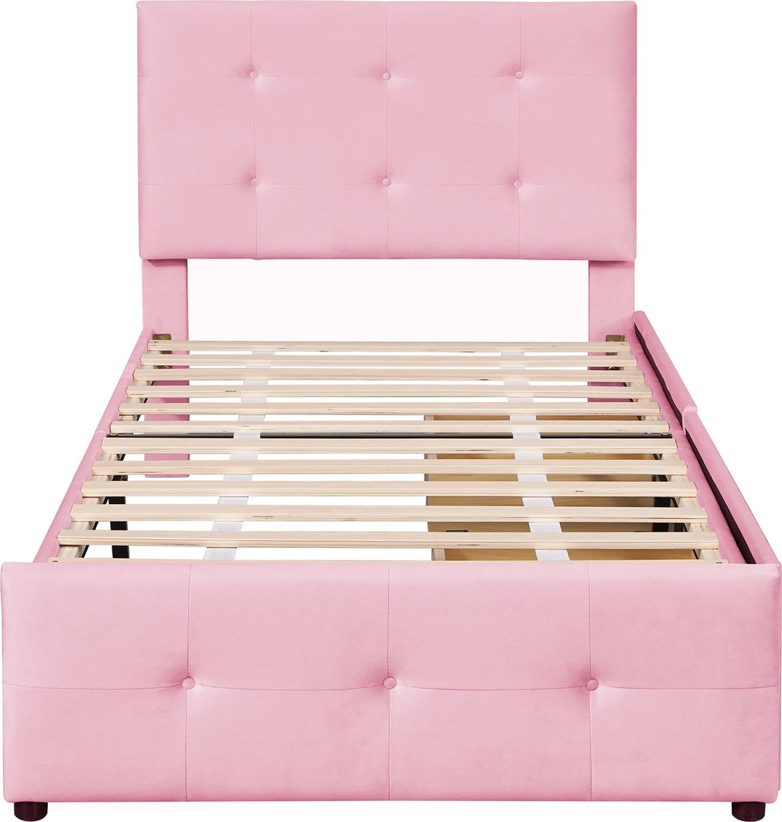 Merax Bed 90x200 – Roze Fluwelen Kinderbed – Eenpersoonsbed met 2 Lades en Lattenbodem