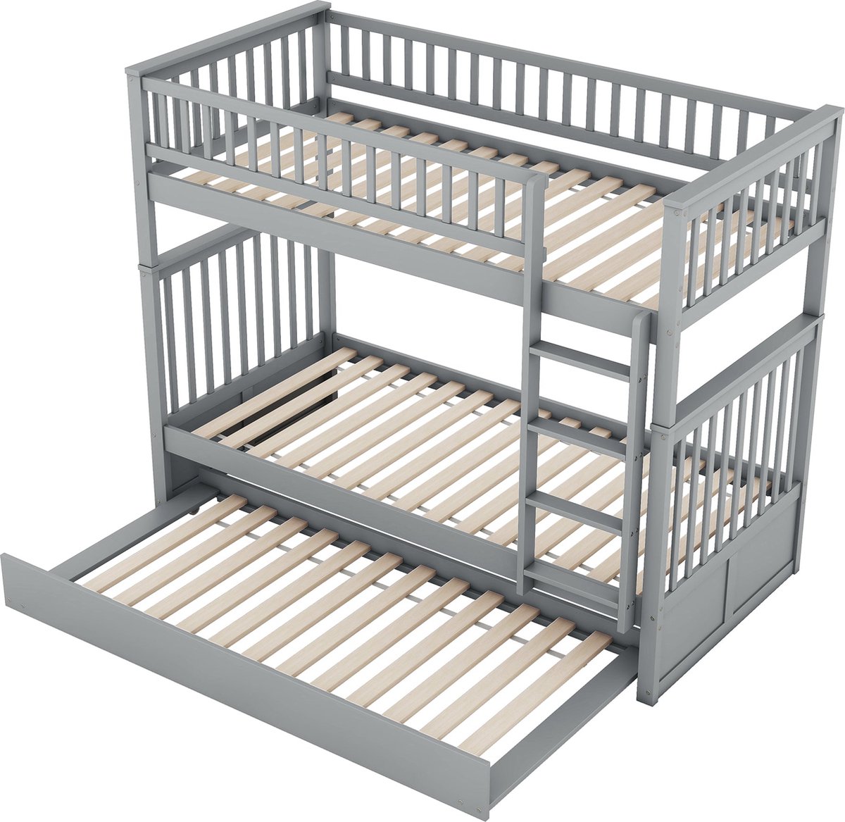 Merax Stapelbed 90x200 cm met Uitschuifbed 90x190 – Massief Hout – Driepersoons Kinderbed met Trap en Uitvalbeveiliging – Grijs
