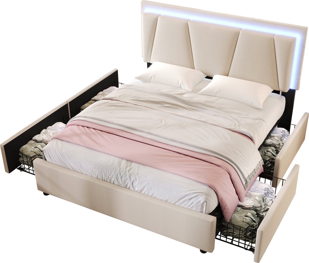 Merax Gestoffeerd Bed met LED Verlichting en 4 Opberglades - Verstelbaar Hoofdbord - Inclusief Matras - 140x200 cm - Beige