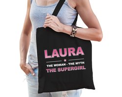 Naam cadeau Tasje voor Laura - The woman, The myth the supergirl - katoenen - zwart - verjaardag - moederdag - collega - vriendin
