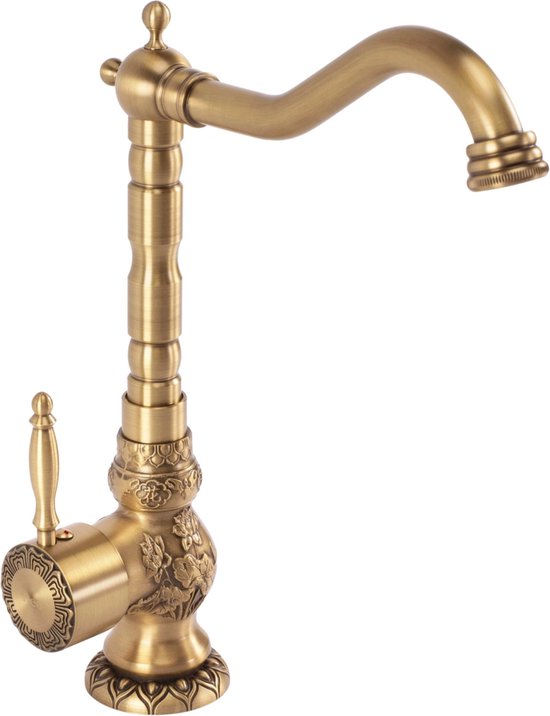 Robinet de cuisine en bronze au design classique, décoration florale et détails ornés.