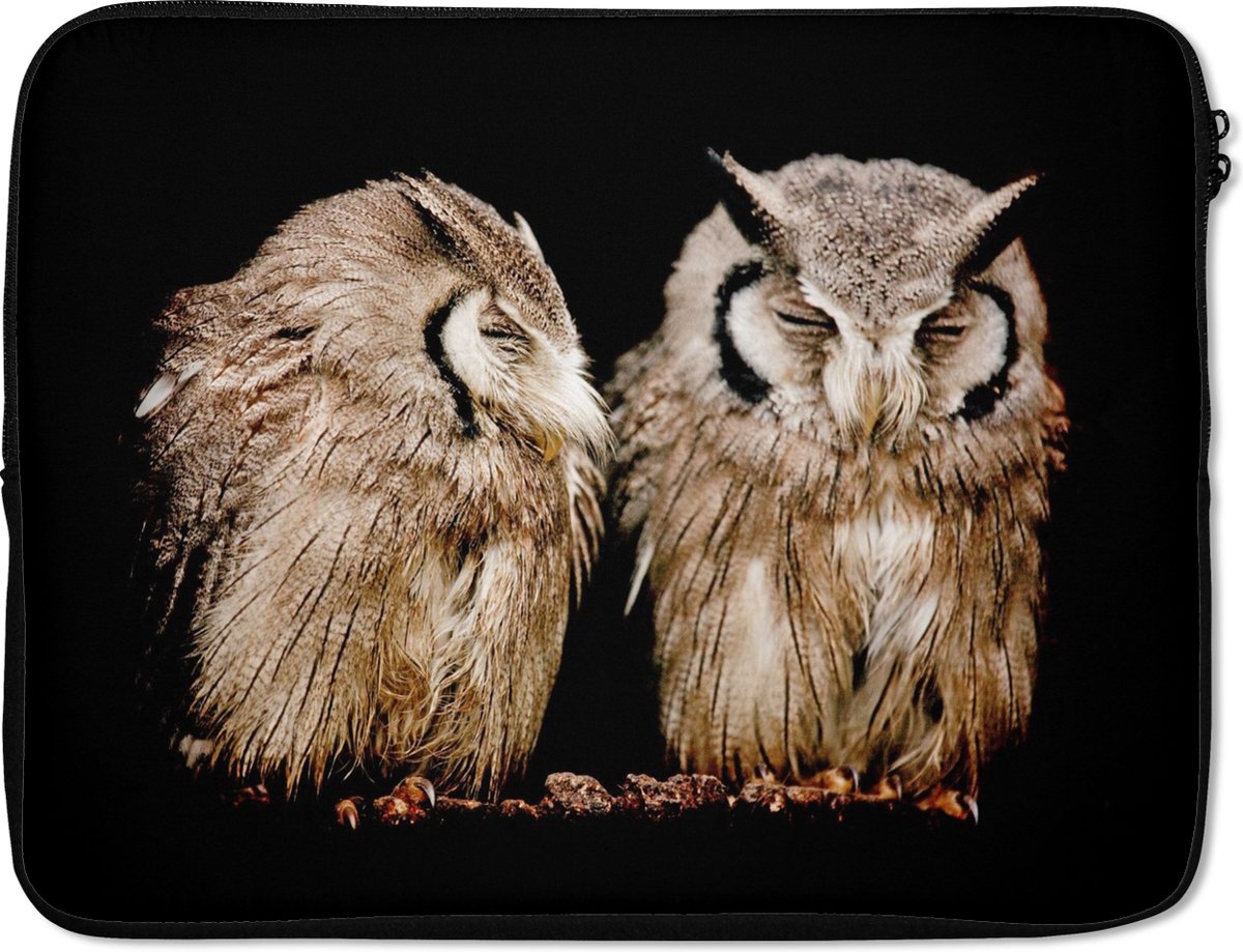 Laptophoes 15.6 inch - Uil - Vogel - Zwart - Laptop sleeve - Binnenmaat 37x26 cm - Zwarte achterkant