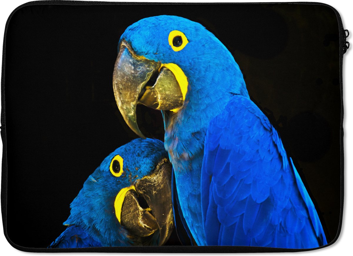 Laptophoes 14 inch - Papegaai - Vogel - Veren - Blauw - Laptop sleeve - Binnenmaat 33x23 cm - Zwarte achterkant