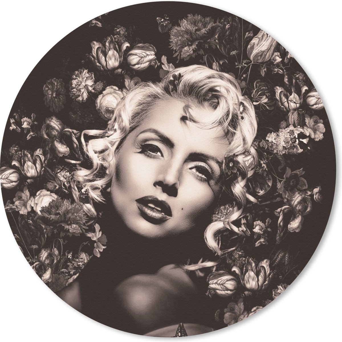 Muismat rond 30x30 cm - Mousepad Bloemen - Zwart - Wit - Vrouw - Ronde muismatten