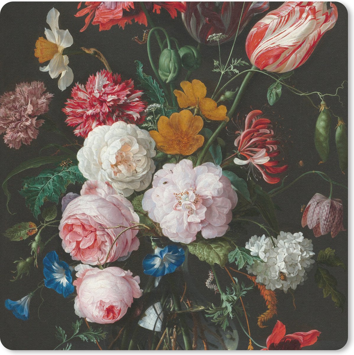 Muismat 30x30 cm - Mousepad Stilleven met bloemen in een glazen vaas - Schilderij van Jan Davidsz. de Heem - Muismatten