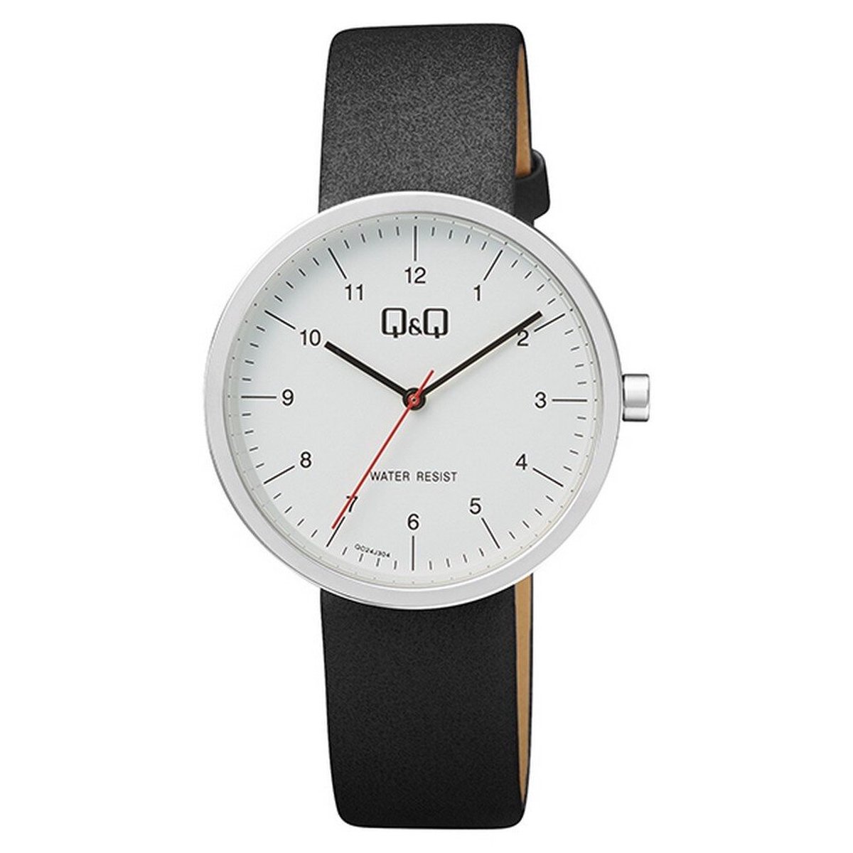 QQ QC24J304Y - Horloge - Analoog - Heren - Mannen - Leren band - Rond - Metaal - Cijfers - Zwart - Zilverkleurig - Wit - 3 ATM