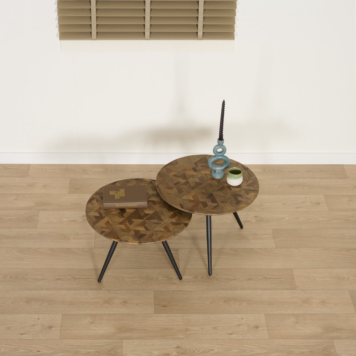 Bijzettafel Alvor - Set 2 stuks - Teak/Metaal - Bruin/Zwart - 54x37x54 cm / 54x40x54 cm (BxHxD) - Gerecycled hout - Mozaïek