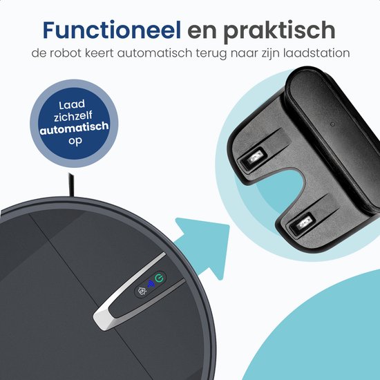 Zwarte Gologi robotstofzuiger met verlichte bedieningsknoppen, die automatisch terugkeert naar zijn laadstation, weergegeven op een lichte achtergrond.