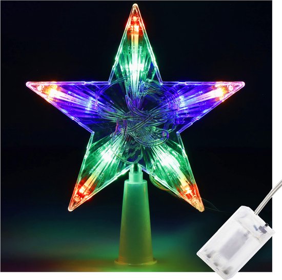 Stervormige kerstboom piek met multicolor LED-verlichting en zichtbare batterijhouder.