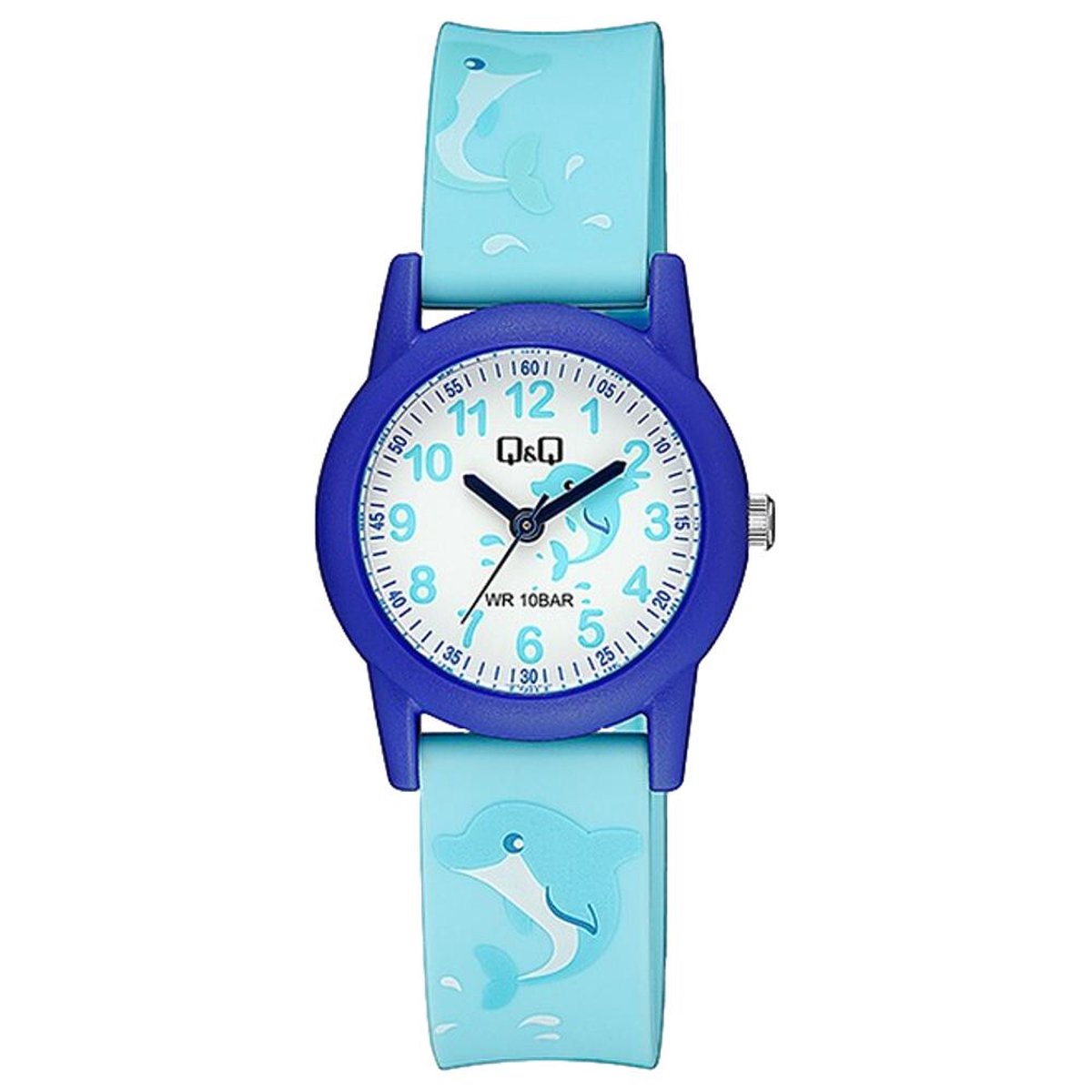 QQ V22A-014VY - Horloge - Sport - Analoog - Kinderen - Unisex - Plastic band - Rond - Kunststof - Cijfers - Dolfijnen - Lichtblauw - Donkerblauw - Wit - 10 ATM