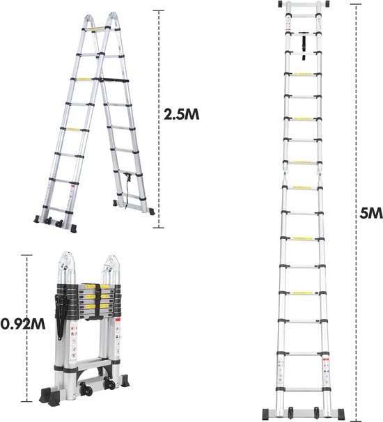 Zilveren telescopische ladder in A-vorm (2,5 m) en volledig uitgeschoven (5 m), met ingeklapte versie (0,92 m).