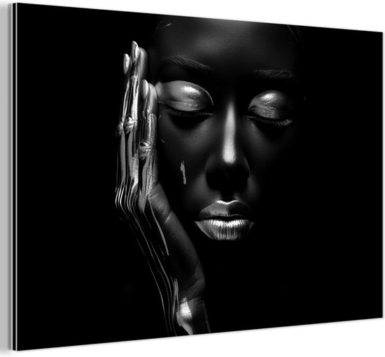 Aluminium schilderij 90x60 cm - Wanddecoratie metaal - Vrouw - Abstract - Zwart Wit - Portret - Metalen muurdecoratie woonkamer - Decoratie industrieel - Foto op dibond - Industriële accessoires slaapkamer