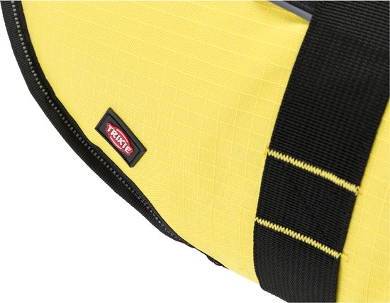 Detail van het gele zwemvest met zwart Trixie logo en reflecterende band.