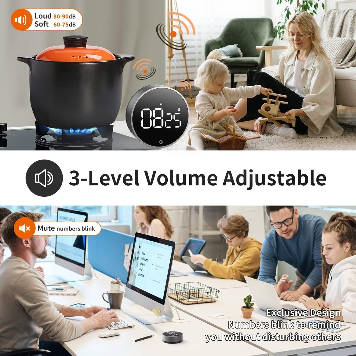 Ankilo Digitale keukentimer, magnetisch, eierwekker, korte tijdwekker, led visuele timer, luid alarm, countdown, countdown-timer voor koken, bakken, sport, studeren, wit