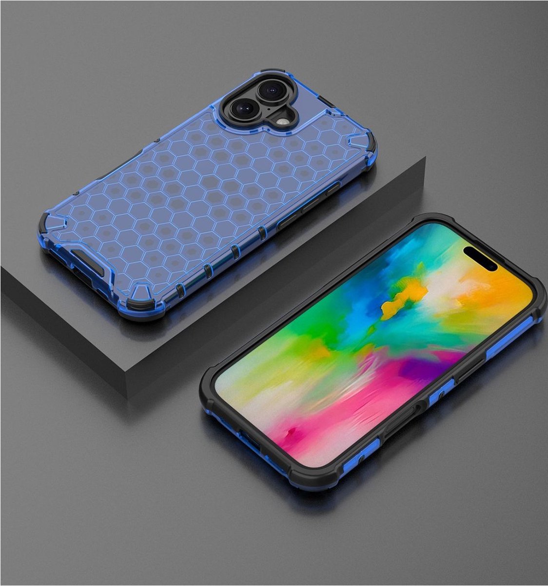 Mobigear Hoesje geschikt voor Apple iPhone 16 Plus Telefoonhoesje Hardcase | Mobigear Honeycomb Backcover Shockproof | Schokbestendig iPhone 16 Plus Telefoonhoesje | Anti Shock Proof - Blauw