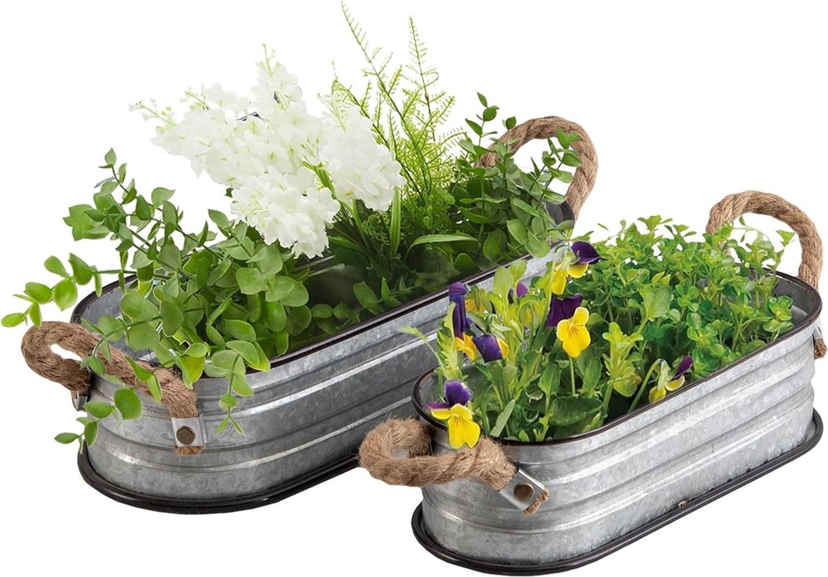 Ovale zinken kuipen met touwgreep Set van 2 Vintage design Plantenschaal voor buiten en binnen Metalen bakken Zilver Planten Bloembak Paletten •