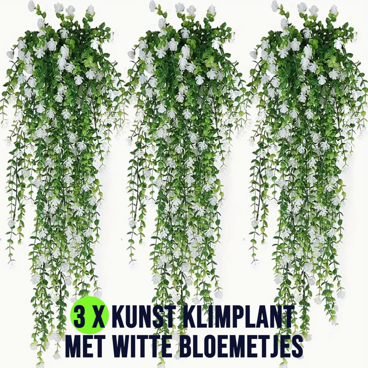 Allernieuwste.nl® Set van 3 Hangende Kunstplanten met Witte Bloemen voor terras en balkon - UV-bestendig - 80cm %%