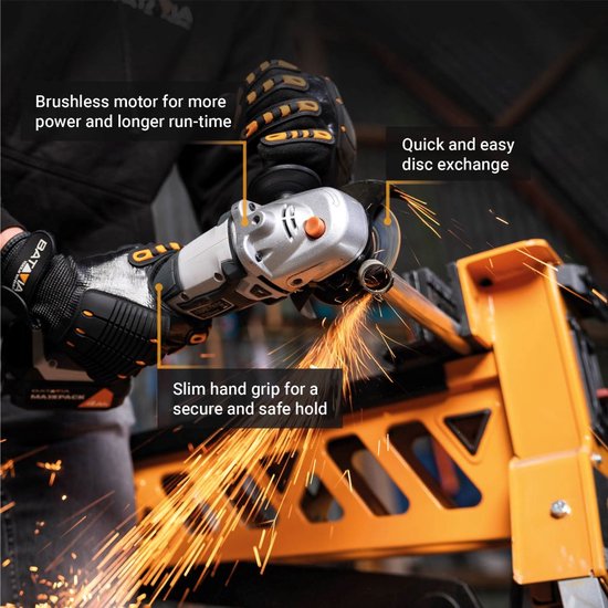Foto: Batavia accu 18v haakse slijper 115mm brushless incl 4 0ah li ion accu 4 5a snellader 8500 t min max snijdiepte 28 mm extra handgreep op 3 posities incl beschermkap maxxpack