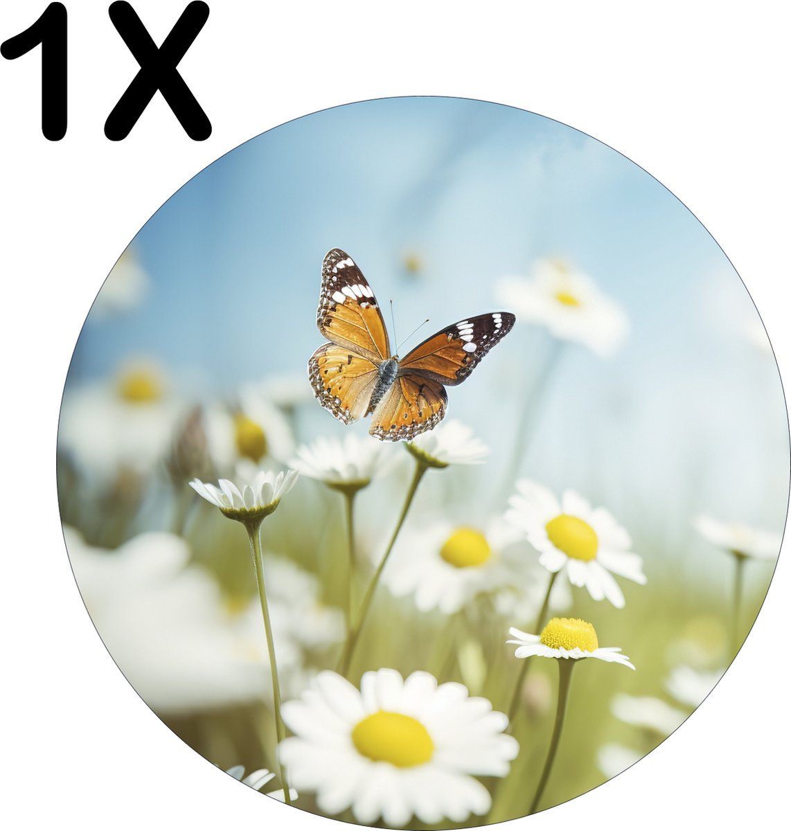 BWK Flexibele Ronde Placemat - Oranje Vlinder op Witte Bloemen - Set van 1 Placemats - 50x50 cm - PVC Doek - Afneembaar
