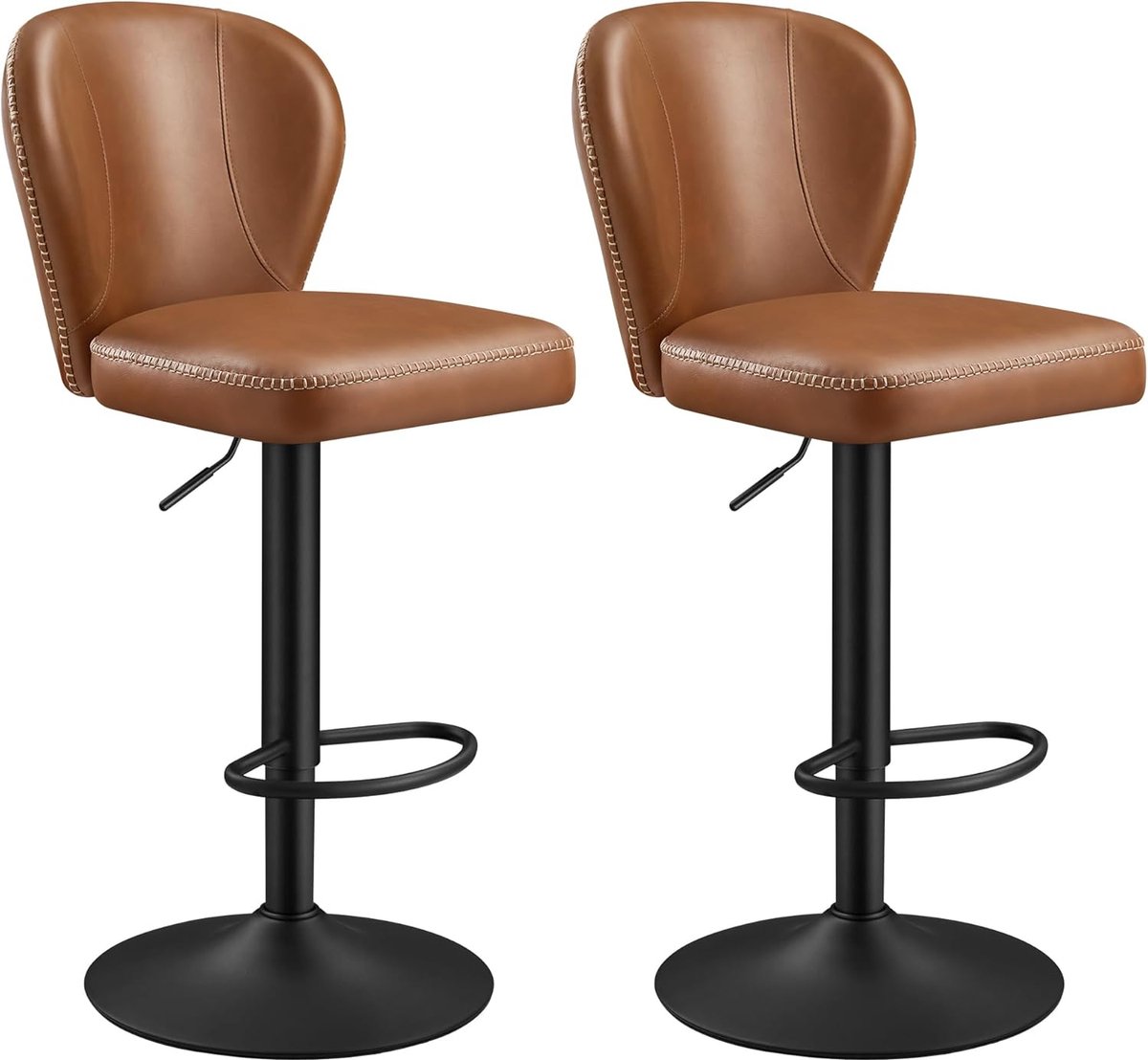 FurnStar Barkruk - 360° Draaibare Barkruk - Set van 2 - In Hoogte Verstelbare Barstoel met Rugleuning - Kunstleer - Naden - Mid-Century Moderne Stijl - Keuken - Huisbar - Eenvoudige Montage - Karamelbruin