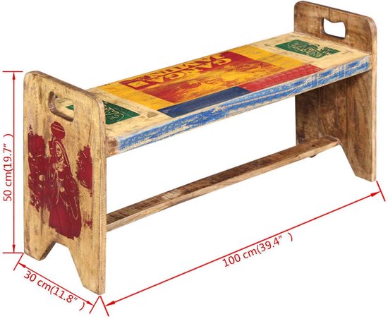 The Living Store Canapé Vintage en Bois Recyclé - 100 x 30 x 50 cm - Multicolore