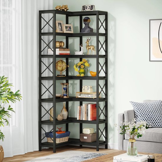 vidaXL Boekenkast 4-laags hoek 85x85x140 cm bewerkt hout betongrijs, hoekkast, hoek kast, staande kast, boekenkast, schappenkast, boekenkast zwart