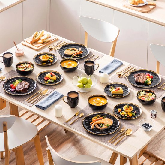 Serviesset - 8 Persoons Servies - Keramiek - Diner- en Dessertborden, Kommen en Kopjes - 32-delige Set - Zwart - Goud