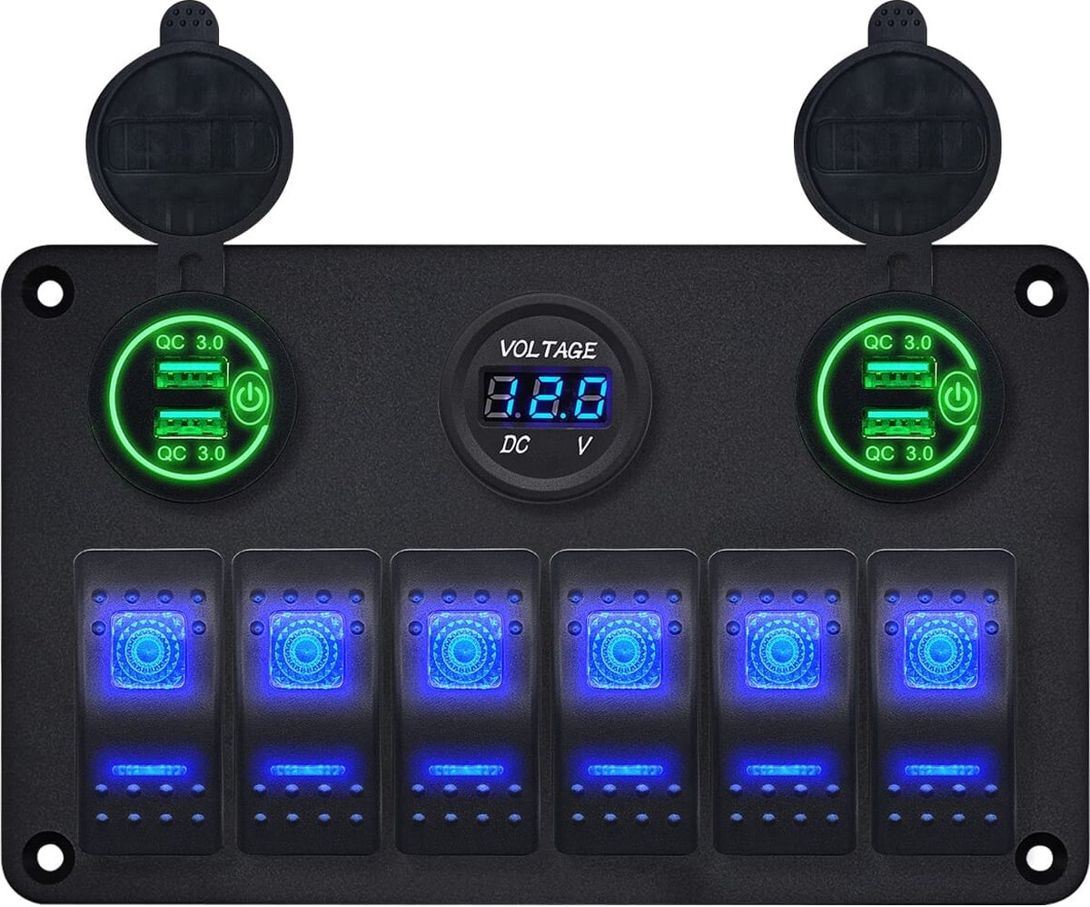 ProRide Schakelpaneel 12V voor Auto/Boot - USB Lader 4 Poorten met Voltmeter - QC3.0 - PUSB1QC-G - 6 Schakelaars