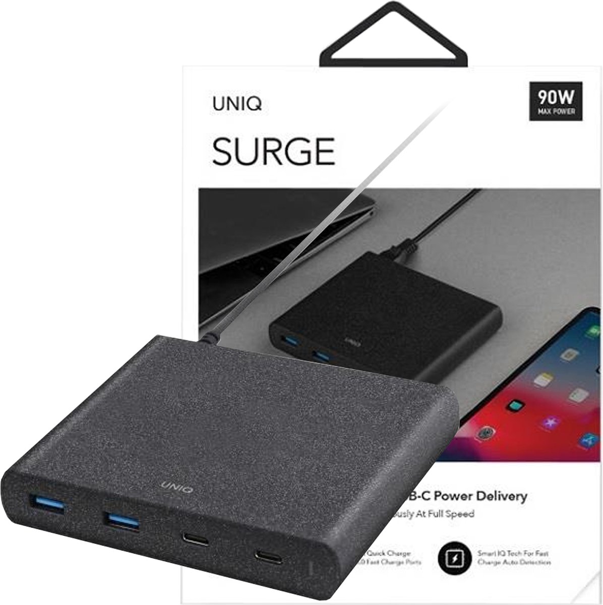 HUB - Uniq - Surge LITHOS Collective 90W 2xUSB-A QC 3.0 / 2xUSB-C PD 3.0 - zwart