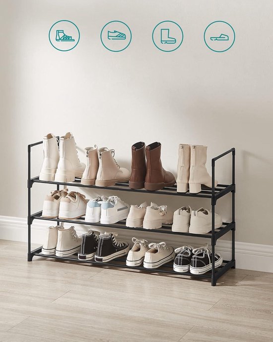 FANHAO Schoenenrek met 2 niveaus, 100% roestvrij staal, stapelbaar opbergrek voor 8 paar voor slaapkamer, kast, entree, slaapzaal, 80 x 26 x 33,5 cm (zwart mat