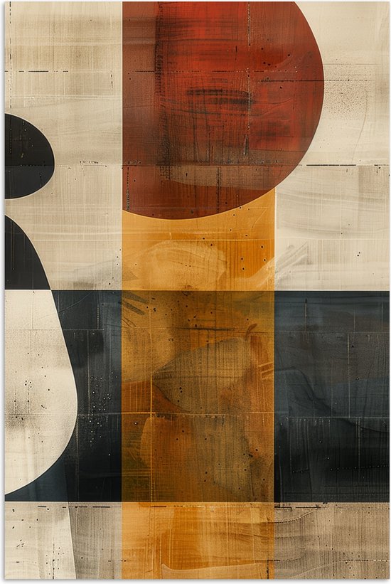Abstract schilderij met een grote rode cirkel, oranje rechthoek en zwarte vormen.