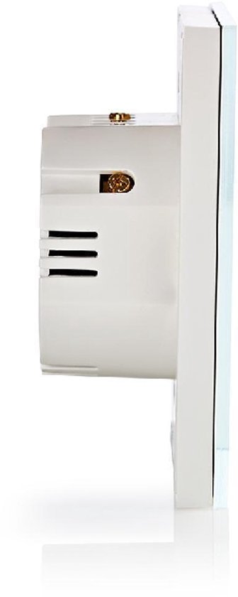Zijaanzicht van een witte smartwandschakelaar met glazen frontplaat en inbouwbehuizing.