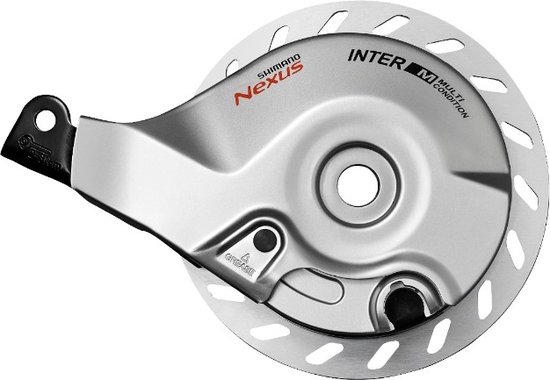 Shimano Nexus Inter M argenté avec disque perforé.