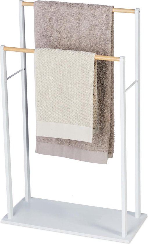 Relaxdays handdoekrek badkamer, staand, bamboe, 4 stangen, voor handdoeken & kleding, HxBxD 110 x 60 x 35 cm, natuur