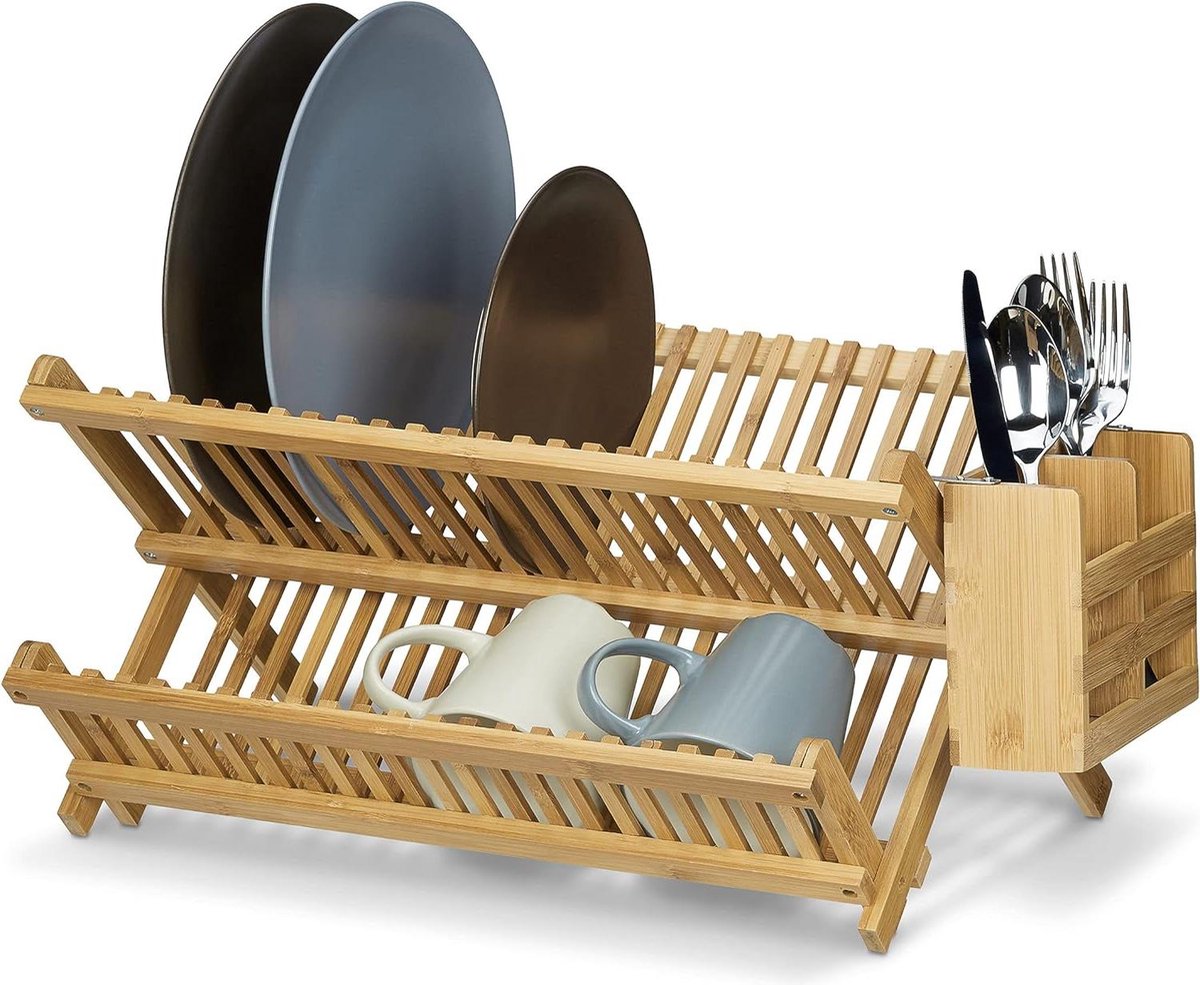 Goedkoopste Afdruiprek met bestekmand - HBD 24x46x28 cm - Afwasrek bamboe klapbaar voor borden en kopjes - Naturel