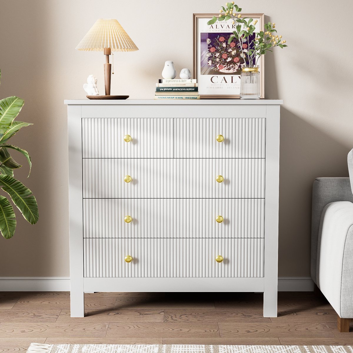 Sweiko Ladekast met Vijf Lades, Commode, Verticale Gestreepte Gouden handvatten, Kaptafel,Wit