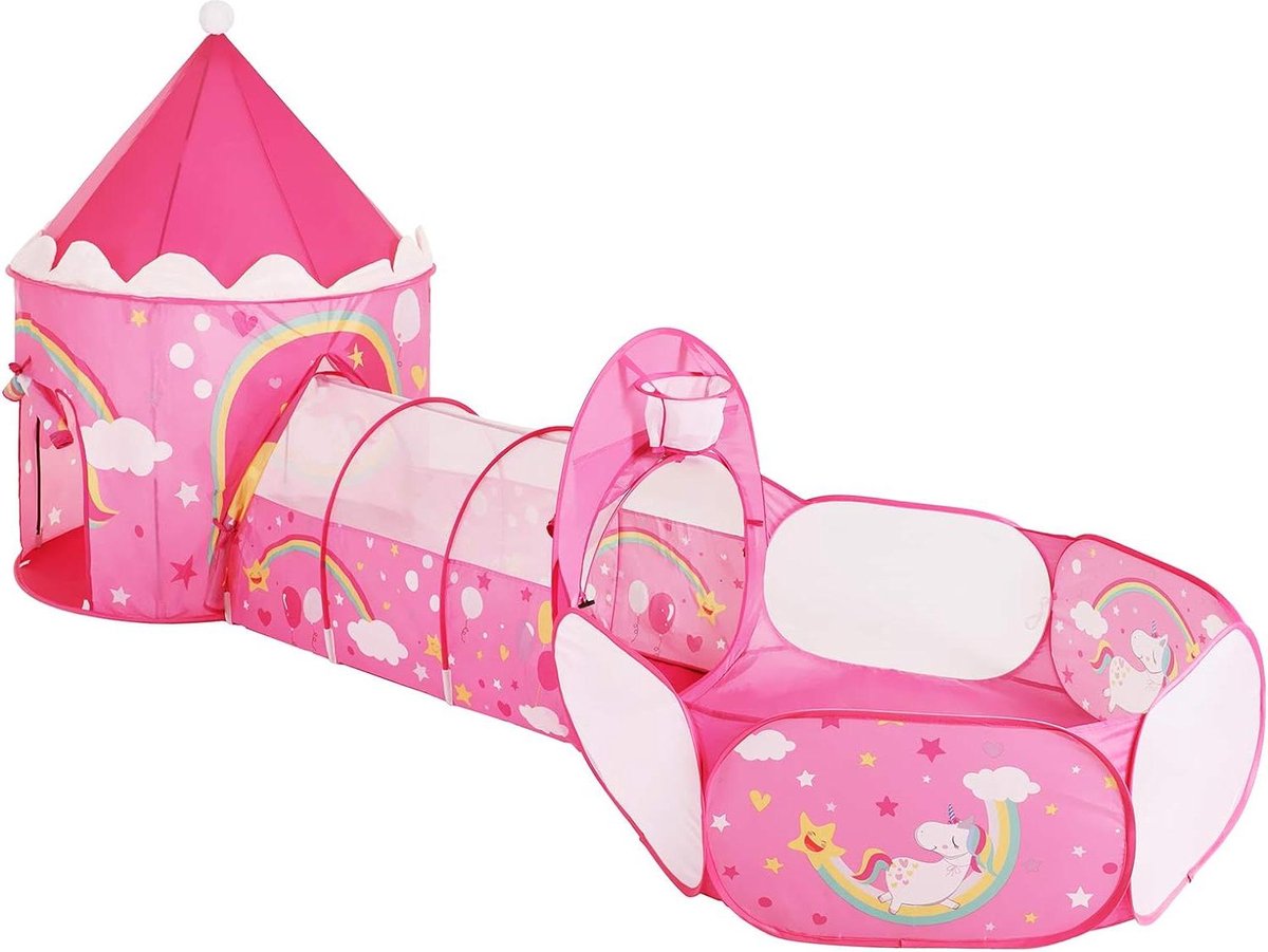 Speeltent pop-up met tunnel en balbad Eenhoorn princess motief Voor binnen en buiten Cadeau-idee voor verjaardagen Roze LPT701P01
