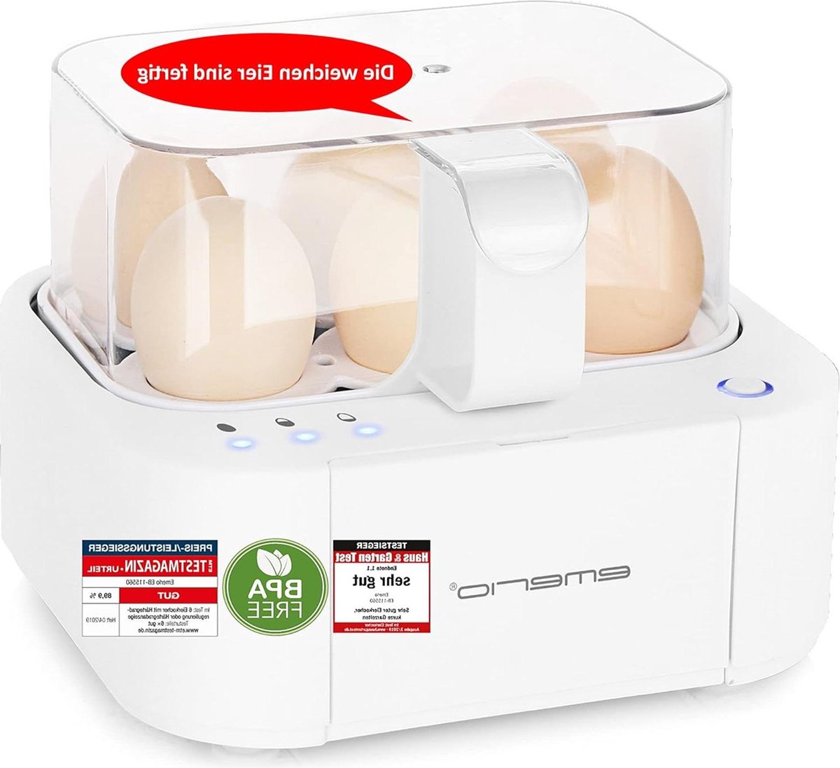 Eierkoker EB-115560 met spraakopdracht en uniek design ideaal voor zacht medium en hard gekookte eieren met perfect resultaat