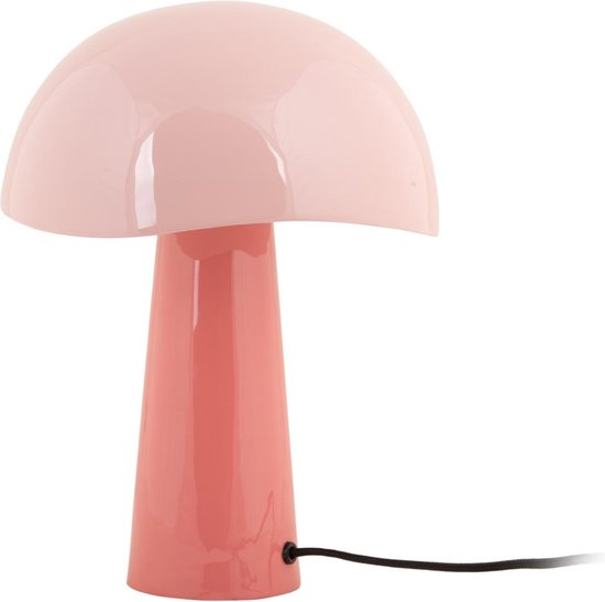 Lampe de table rose avec un abat-jour rond et une base cylindrique.