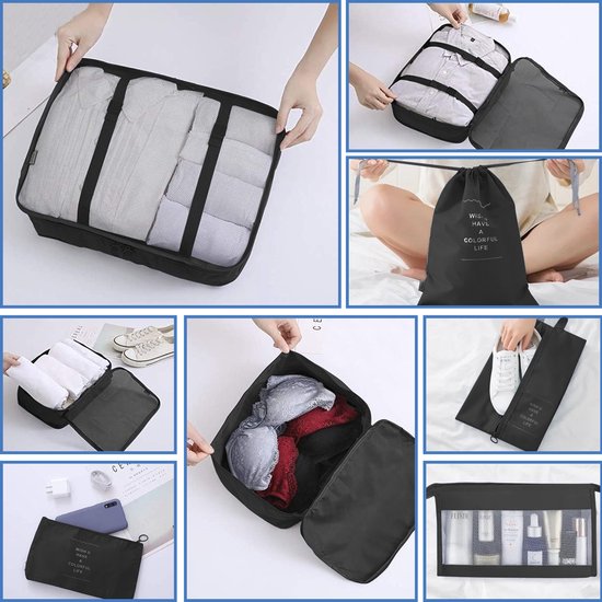 Gedetailleerde weergave van hoe zwarte packing cubes worden gebruikt voor het organiseren van kleding, schoenen, ondergoed en toiletartikelen.