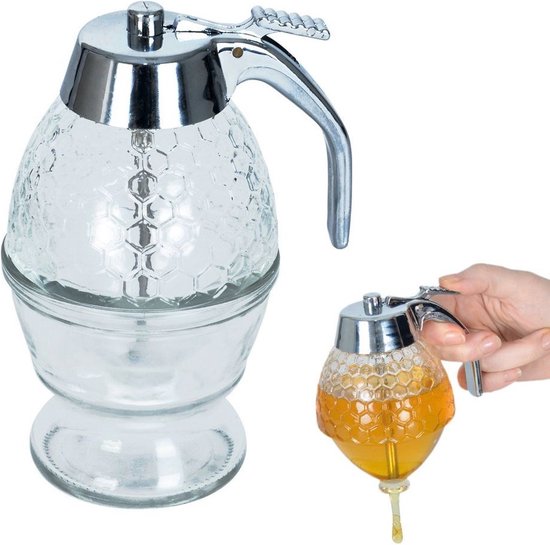 ZoeQide Sirua dispenser van glas, 400 ml, honingdispenser met roestvrijstalen schenktuit en druppelvrij deksel, transparante glazen container voor koffiebar, keuken en saladedressing