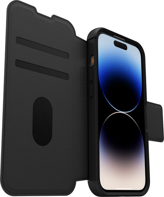 Zwarte Otterbox Strada bookcase, opengeklapt met iPhone 14 Pro Max met achtergrond, camera-uitsparing zichtbaar.
